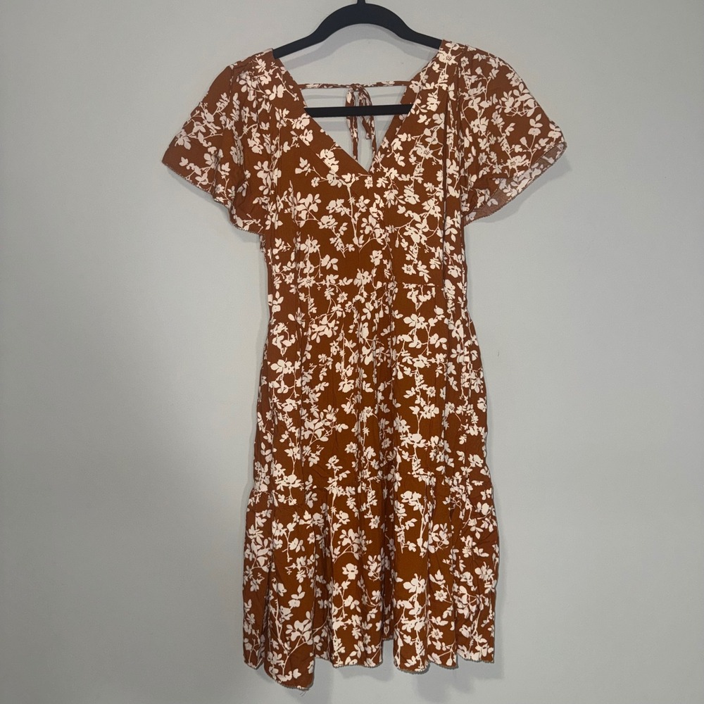 Old Navy Womens Rust Brown Floral Flutter Sleeve Tiered Mini Dress Size M